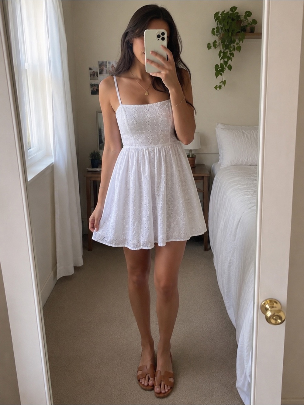 Forever 21 White Eyelet Mini Dress with Spaghetti Straps